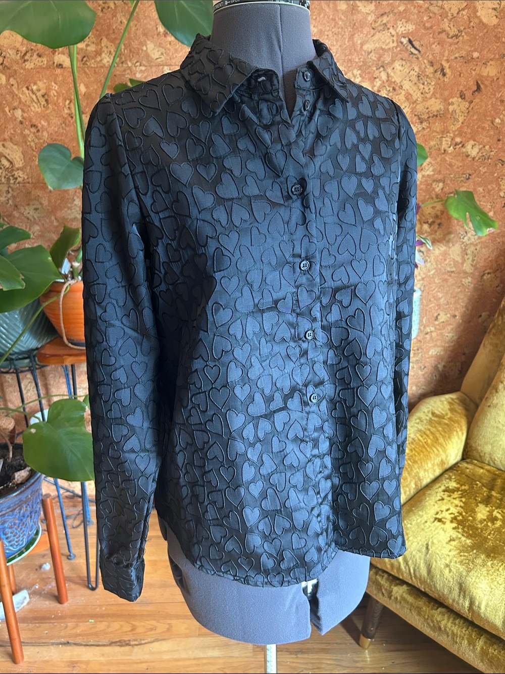 Satin Black Textured Heart Pattern Button Down Shirt